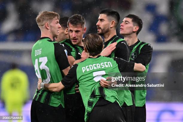Andrea Pinamonti of US Sassuolo celebrates with teammates after scoring the opening goal during the Serie A TIM match between US Sassuolo and Torino...