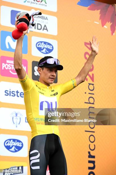 Rodrigo Contreras of Colombia and Team Nu Colombia celebrates at podium as Yellow Leader Jersey winner during the 4th Tour Colombia 2024, Stage 5 a...