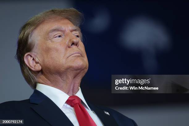 Republican presidential candidate and former President Donald Trump speaks during a Get Out The Vote rally at Coastal Carolina University on February...