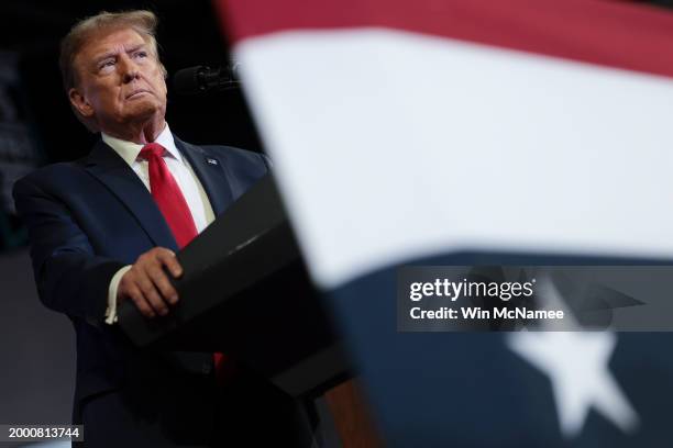 Republican presidential candidate and former President Donald Trump speaks during a Get Out The Vote rally at Coastal Carolina University on February...