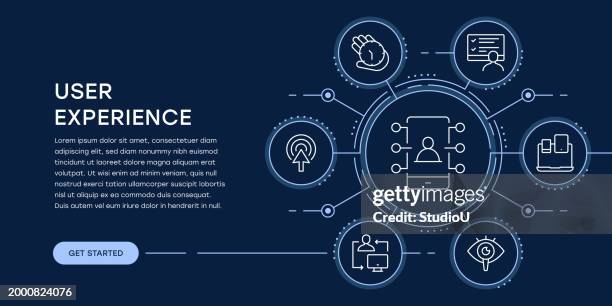 ilustraciones, imágenes clip art, dibujos animados e iconos de stock de banner web de experiencia de usuario con infografía - experiencia del usuario