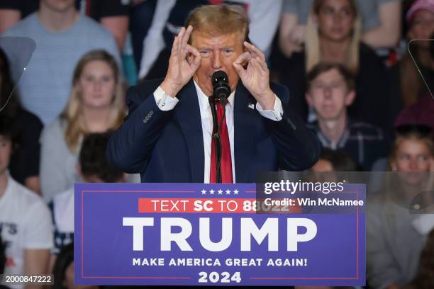 Republican presidential candidate and former President Donald Trump speaks during a Get Out The Vote rally at Coastal Carolina University on February...