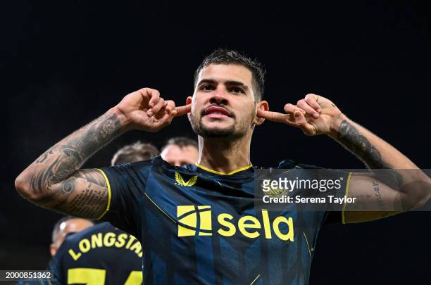 Bruno Guimaraes of Newcastle United celebrates after scoring his second and Newcastle's third goal during the Premier League match between Nottingham...