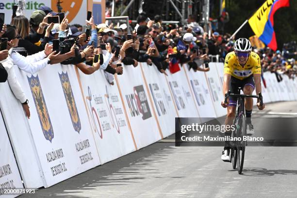 Rodrigo Contreras of Colombia and Team Nu Colombia - Yellow Leader Jersey crosses the finish line during the 4th Tour Colombia 2024, Stage 5 a...