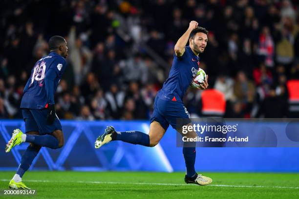 Gonçalo Ramos of PSG celebrates after scoring his team's first goal during the Ligue 1 Uber Eats match between Paris Saint-Germain and Lille OSC at...