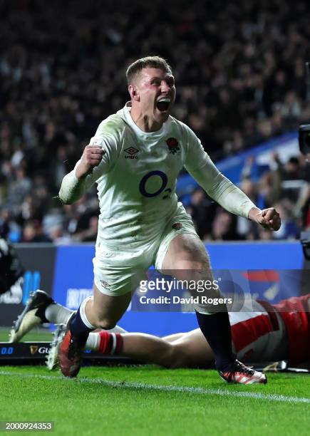 Fraser Dingwall of England celebrates after scoring their second try during the Guinness Six Nations 2024 match between England and Wales at...