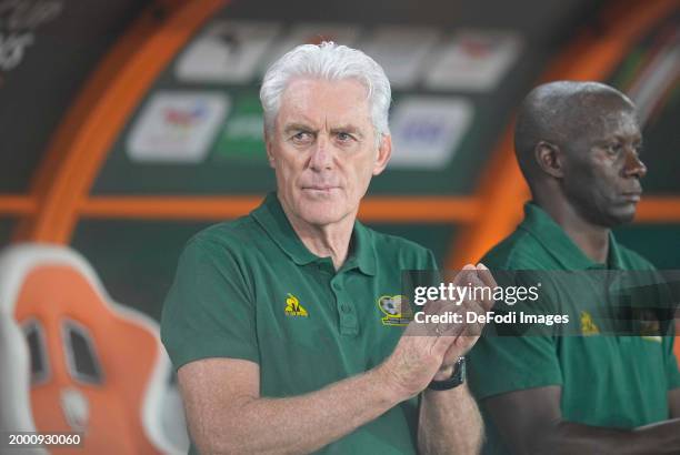 Hugo Broos of South Africa looks on during the TotalEnergies CAF Africa Cup of Nations 3rd place match between South Africa and DR Congo at Stade...