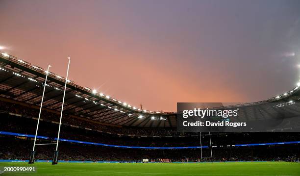 The sun sets over Twickenham during the Guinness Six Nations 2024 match between England and Wales at Twickenham Stadium on February 10, 2024 in...