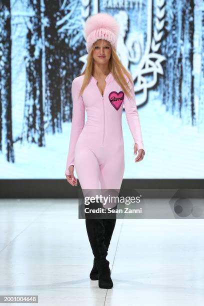 Model walks the runway wearing House of Barretti during the House Of Barretti Billionaire Barbie Runway Show at West Edge on February 10, 2024 in New...