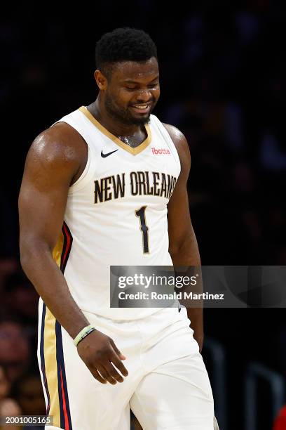 Zion Williamson of the New Orleans Pelicans in the first half at Crypto.com Arena on February 09, 2024 in Los Angeles, California. NOTE TO USER: User...