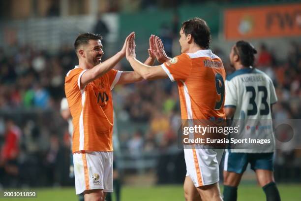 David Villa of World Legends celebrates after scoring his goal with Fernando Morientes of World Legends during the FWD Insurance Chinese New Year Cup...