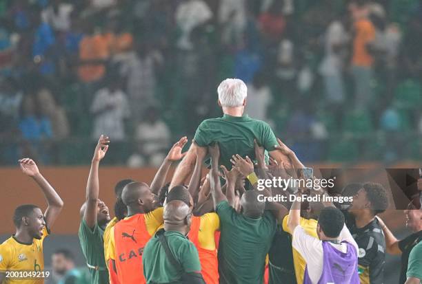 Hugo Broos of South Africa looks on during the TotalEnergies CAF Africa Cup of Nations 3rd place match between South Africa and DR Congo at Stade...