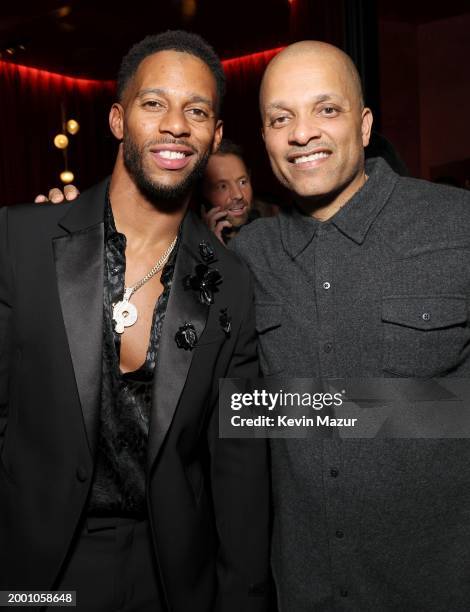 Victor Cruz and Jay Brown attend the Roc Nation Sports Super Bowl Party at Poodle Room at Fontainebleau Las Vegas on February 09, 2024 in Las Vegas,...