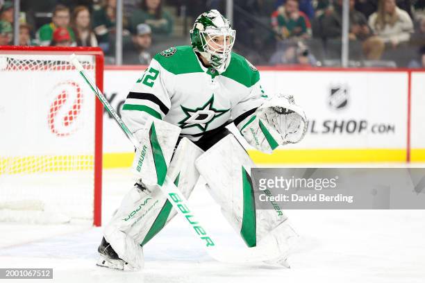 Matt Murray of the Dallas Stars defends his net against the Minnesota Wild in the first period at Xcel Energy Center on January 08, 2024 in St Paul,...