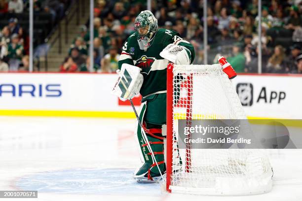 Marc-Andre Fleury of the Minnesota Wild looks on against the Dallas Stars in the second period at Xcel Energy Center on January 08, 2024 in St Paul,...