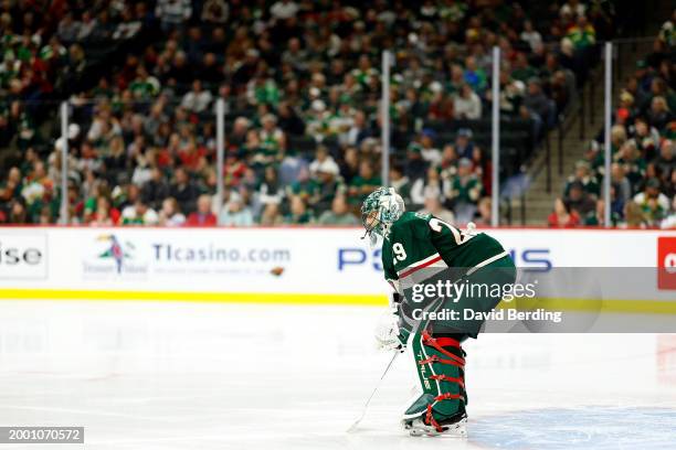 Marc-Andre Fleury of the Minnesota Wild looks on against the Dallas Stars in the second period at Xcel Energy Center on January 08, 2024 in St Paul,...