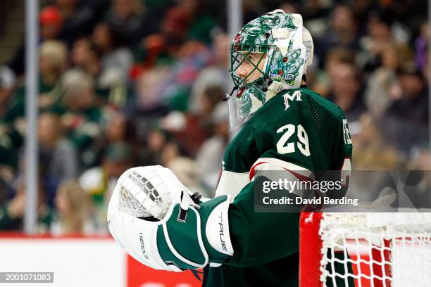 Marc-Andre Fleury of the Minnesota Wild looks on against the Dallas Stars in the second period at Xcel Energy Center on January 08, 2024 in St Paul,...