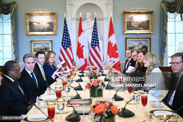 Secretary of State Antony Blinken speaks during with Canadian Minister of Foreign Affairs Melanie Joly at the US State Department in Washington, DC,...