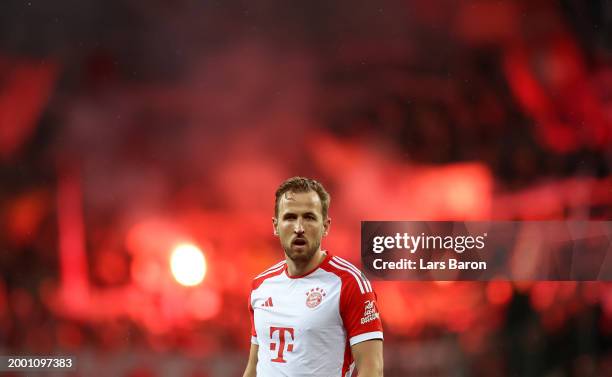 Harry Kane of Bayern Munich looks dejected during the Bundesliga match between Bayer 04 Leverkusen and FC Bayern München at BayArena on February 10,...