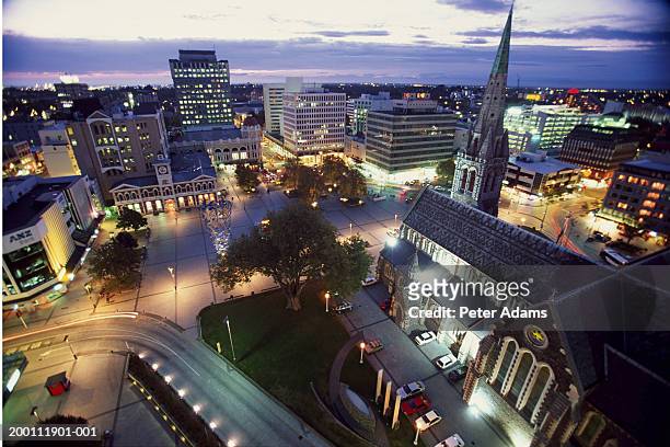 new zealand, christchurch, view over cathedral square (long exposure) - christchurch new zealand view stock pictures, royalty-free photos & images
