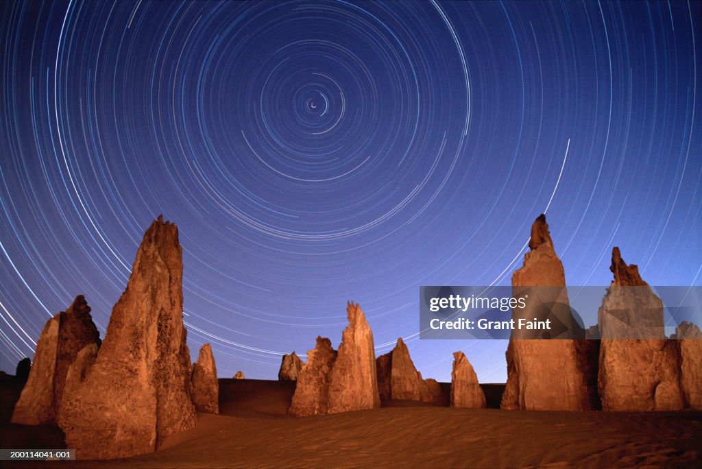 Australia, Pinnacles National Park, rock formations and star trails