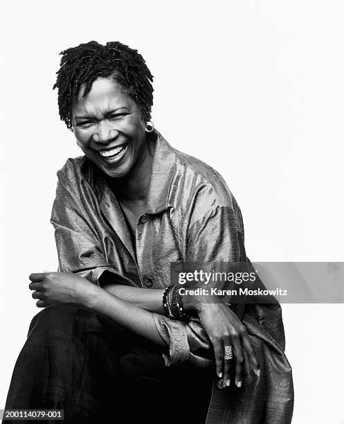woman laughing, portrait (b&w) - black and white women portrait on white stock pictures, royalty-free photos & images