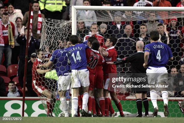 Fight Breaks Out In Goal Mouth with Szilard Nemeth of Middlesbrough pushed into net during the Premier League match between Middlesbrough and Everton...