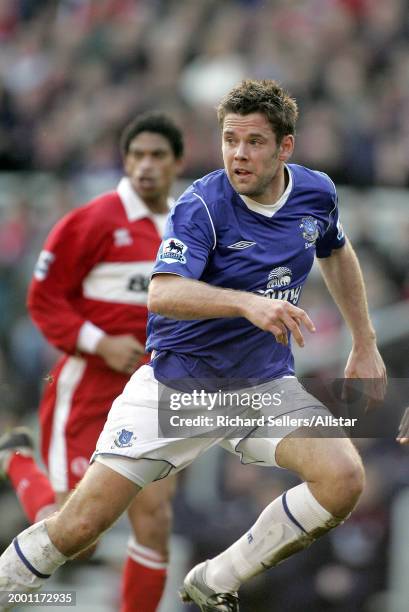 James Beattie of Everton running during the Premier League match between Middlesbrough and Everton at Riverside Stadium on January 16, 2005 in...