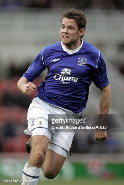 James Beattie of Everton running during the Premier League match between Middlesbrough and Everton at Riverside Stadium on January 16, 2005 in...