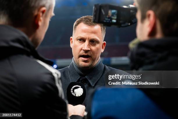 Jacob Neestrup interviews during the UEFA Champions League 2023/24 round of 16 first leg match between F.C. Copenhagen and Manchester City at Parken...