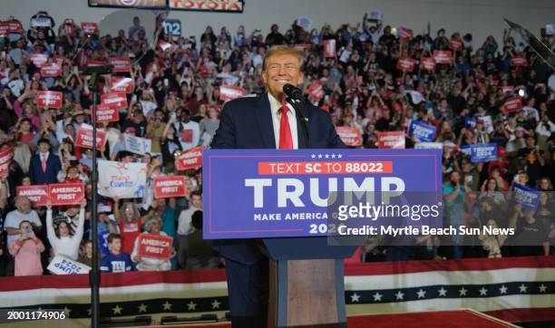 Former President Donald J. Trump speaks to a crowd of thousands at Coastal Carolina University in Conway, South Carolina, on Saturday, Feb. 10, 2024.