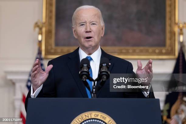 President Joe Biden speaks in the State Dining Room of the White House in Washington, DC, US, on Tuesday, Feb. 13, 2024. After a grueling all-night...