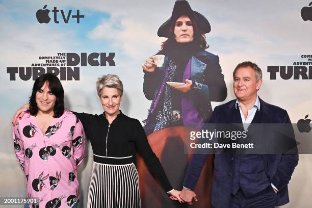 Noel Fielding, Tamsin Greig and Hugh Bonneville attend a press conference for the launch of "The Completely Made-up Adventures of Dick Turpin" at...