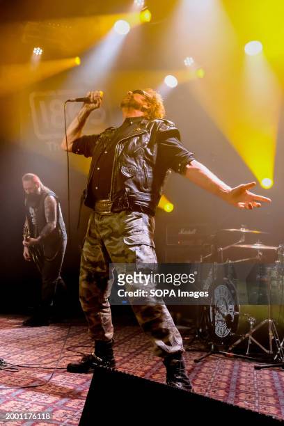 Frontman and lead singer Nick Culmer, better known by his stage name Animal, with English punk group Anti-Nowhere League performs live on stage at...