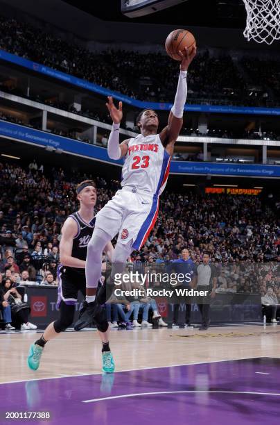 Jaden Ivey of the Detroit Pistons drives to the basket during the game against the Sacramento Kings on February 7, 2024 at Golden 1 Center in...