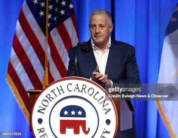 North Carolina Republican Party chairman Michael Whatley speaks during the North Carolina Republican Party Convention at the Koury Convention Center...