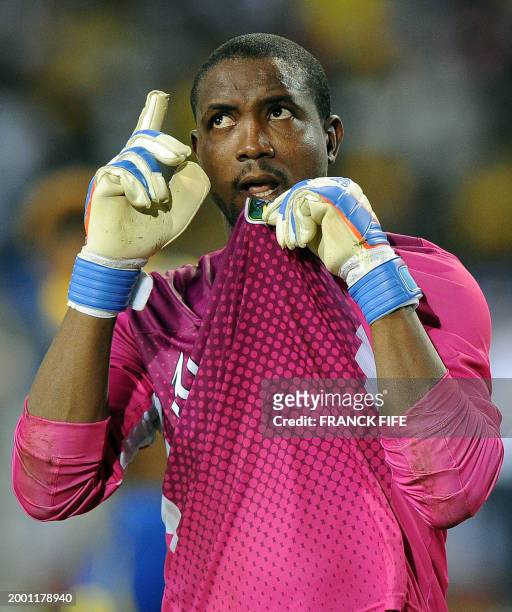 Malian goalkeeper Soumaila Diakite reacts after he stopped a penalty kick during the Africa Cup of Nations quarter-final football match Gabon vs Mali...