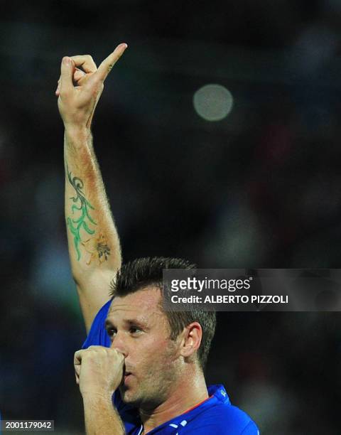 Italy's forward Antonio Cassano celebrates after scoring during the group C qualifying football match Italy vs Northern Ireland at Adriatico Giovanni...