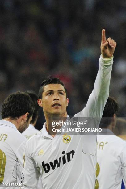 Real Madrid's Portuguese forward Cristiano Ronaldo celebrates after scoring his team's second goal during the UEFA Champions League football match...