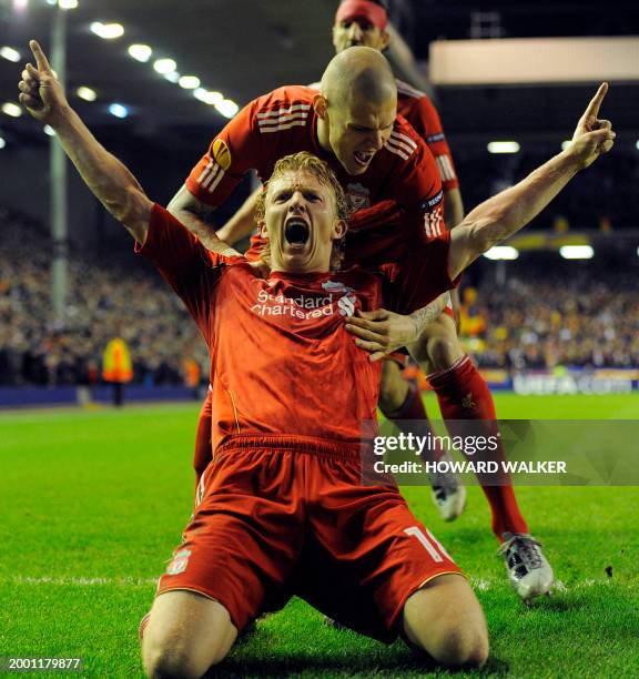 Liverpool's Dirk Kuyt celebrates after scoring the tie-winning goal against Sparta Prague's during the Europa League second leg football match, at...