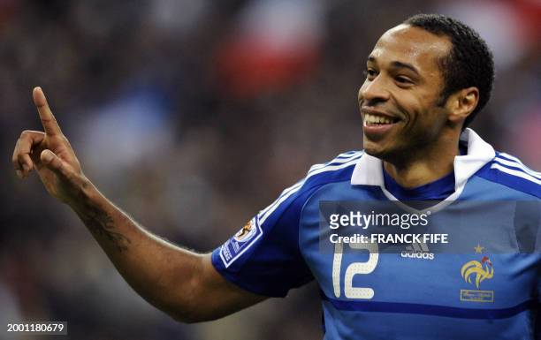 French forward Thierry Henry celebrates after scoring a goal during the World Cup 2010 qualifying football match France vs. Austria on October 14,...