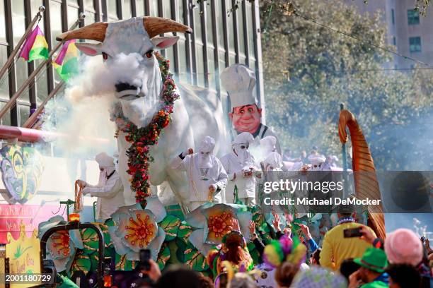 The Boeuf Gras float rolls down St. Charles Avenue on Mardi Gras Day as the 440 riders of Rex, King of Carnival, present their 29-float parade...