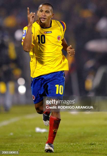 Colombia's Macnelly Torres celebrates after scoring against Bolivia during their FIFA World Cup South Africa 2010 qualifier football match at El...