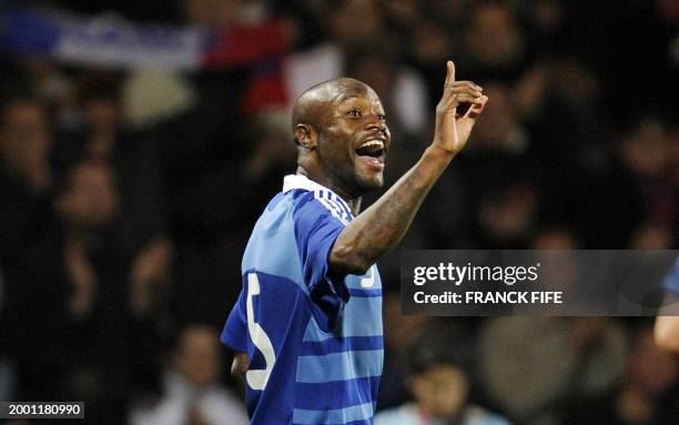 French defender William Gallas jubilates after scoring a goal during the World Cup 2010 qualifying football match France vs. Faroe Islands, on...