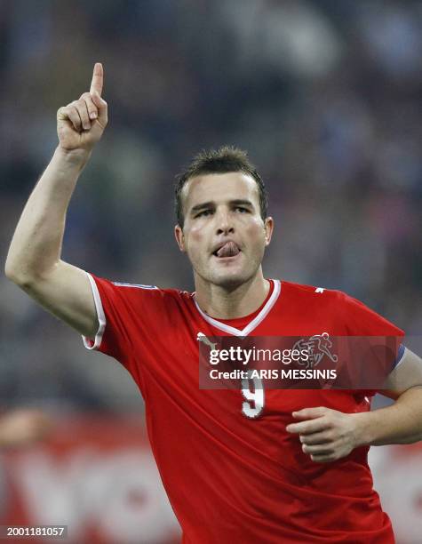 Switzerland's Alexander Frei celebrates after scoring against Greece during their World Cup 2010 Europe group 2 qualification football match at the...