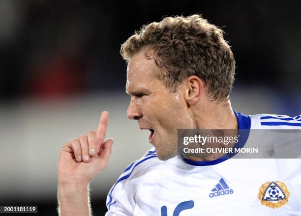 Finland's Jonatan Johansson celebrates after scoring the 1-0 goal during the World Cup 2010 qualifying football match Finland vs Germany September...