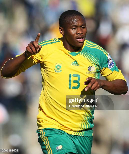 South African Kagifho Zikgacoi celebrates after scoring against Equitorial Guinea on June 7, 2008 during a WC2010 and Africa Cup of Nations...