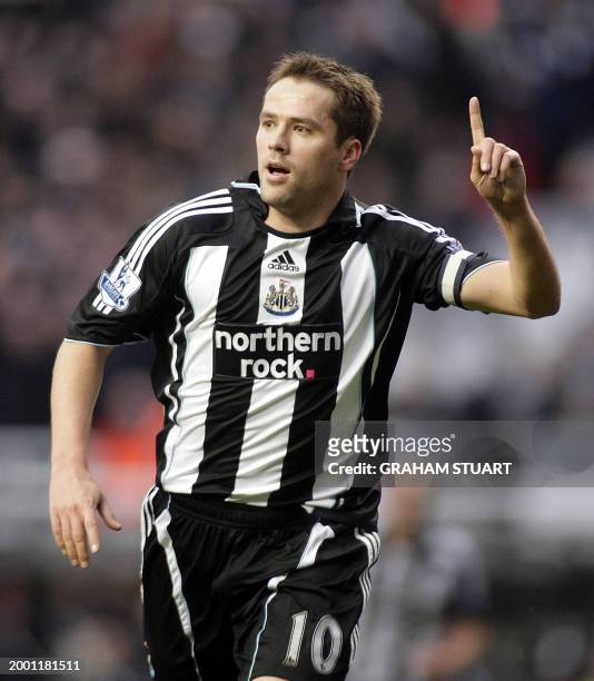 Michael Owen of Newcastle celebrates scoring the first goal during a Premier League football match between Newcastle United and West Ham at St James'...