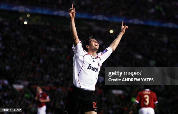 Milan's Brazilian midfielder Ricardo Kaka celebrates after scoring against Manchester United during their European Champions League semi final first...