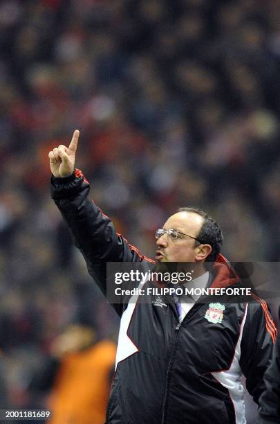 Liverpool manager Rafael Benitez points during their first round first leg Champions League football match against Inter Milan at Anfield in...